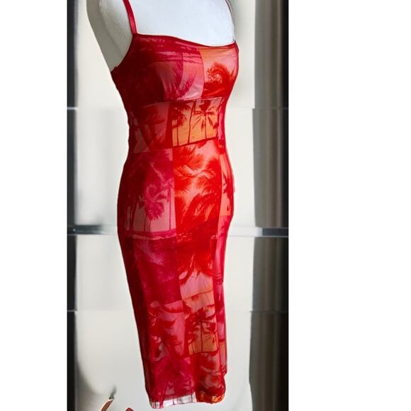 Y2K 90s Maxi Dress Mesh See through Hawaiian Red NECESSARY Objects Bodycon - Picture 9 of 16
